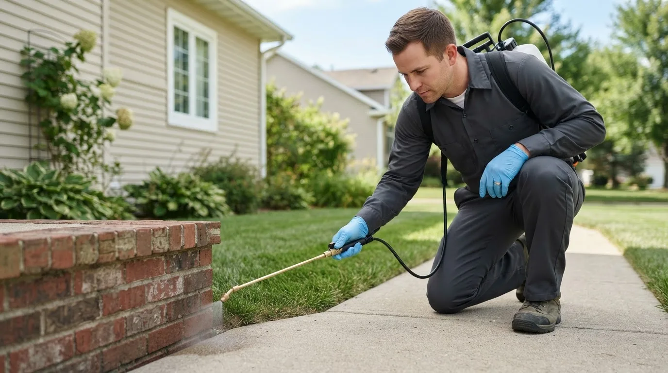 Pest control technician treating a home near New Boston, MI